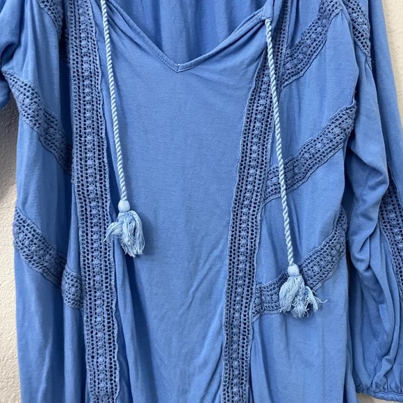 Lucky Brand Womens Blue Crochet Tassel Peasant Boho Blouse Size XLarge - Picture 3 of 7